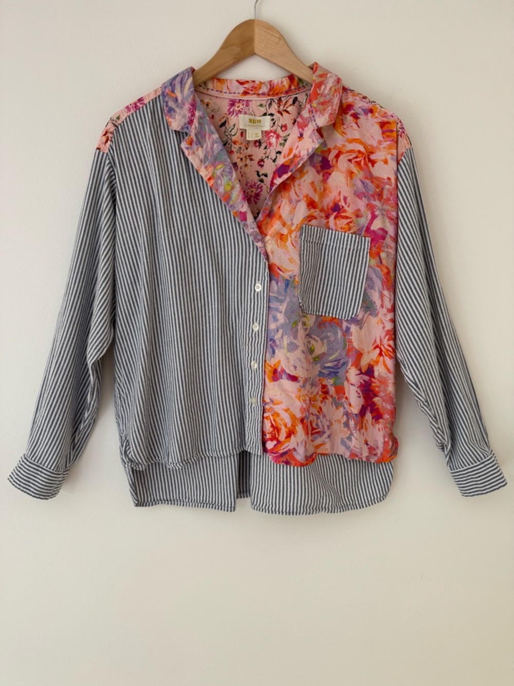 Maeve by Anthropologie The Clarissa High Low Button Down Stripe Floral Top Sz 14 - Picture 6 of 15
